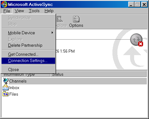 ActiveSync 3.8 File menu, Connection Settings