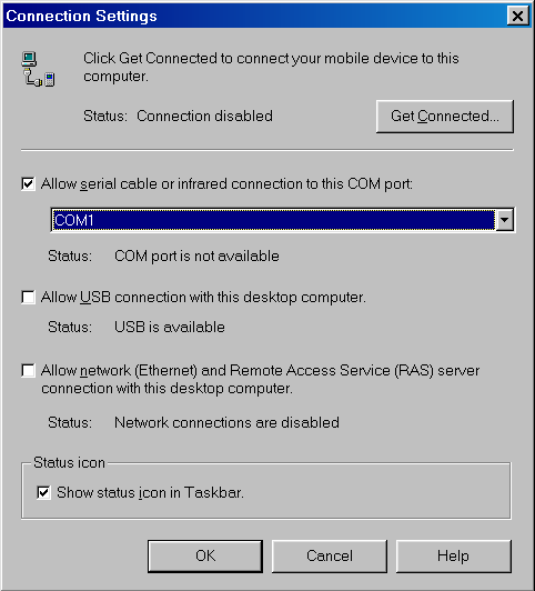 Connection Settings with the serial COM port enabled