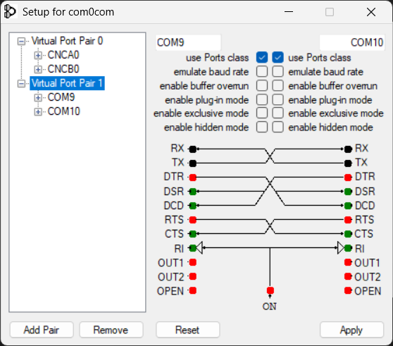 com0com configurator with a COM9 to COM10 pair