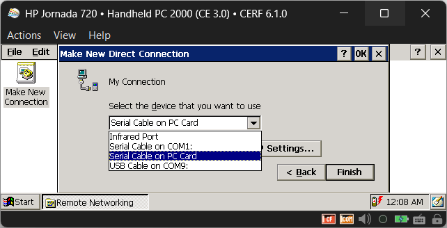New connection wizard proposes Serial Cable on PC Card