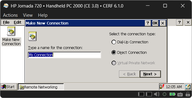 Make New Connection, Direct connection selected