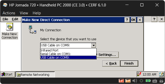 The device list in the Direct connection wizard