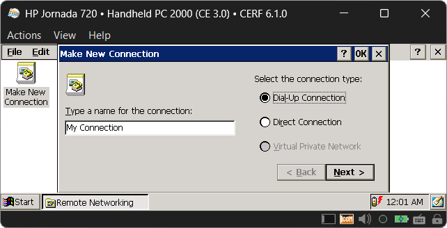 The Dial-up connection wizard