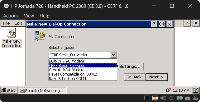 The device list in the Dial-up wizard