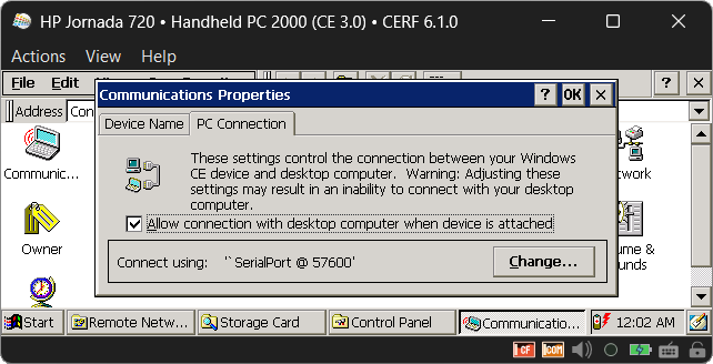 Communications Properties, PC Connection tab