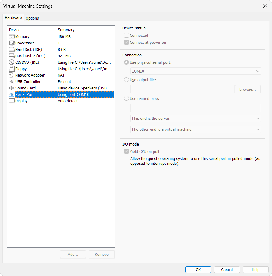 VMware serial port set to COM10
