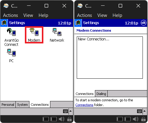 The Modem settings on Pocket PC