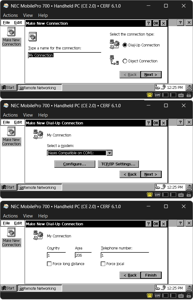 Making a dial-up connection on desktop CE